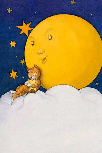 illustration Mond und Katze,Kinderbuchillustration, Cover Illustration, Aquarell, Illustration fürr Grußkarte