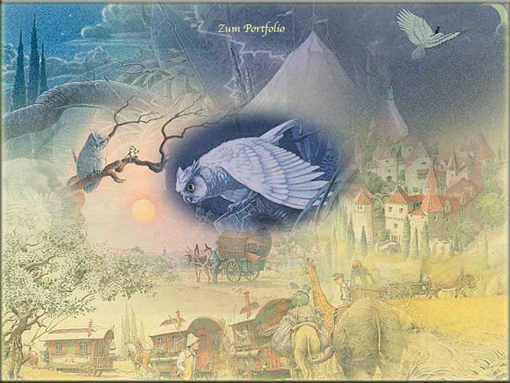 Kinderbuchillustration weiße Eule blaue Maus