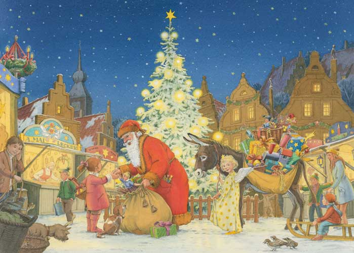 Illustration Weihnachtsmarkt mit Weihnachtsmann, Weihnachten, Kinderbuchillustration, Illustration Adventskalender, Aquarell