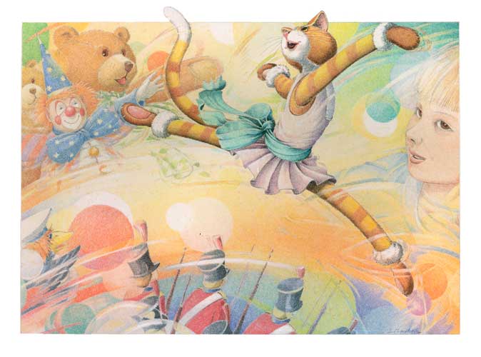 tanzende Katze- Farbstiftillustration