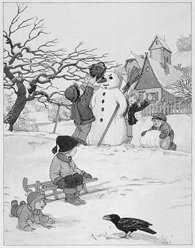 Illustration  Kinder beim Schneemann bauen
