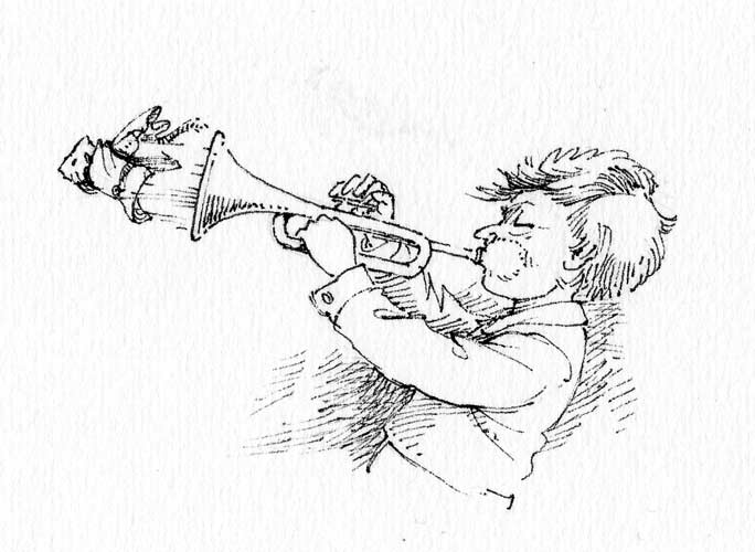 Illustration Trompeter, schwarz weiß Filsstiftzeichnung