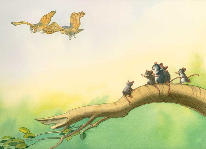 Illustration Mausfamilie und zwei Eulen