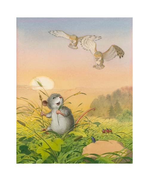 Kinderbuchillustration Maus und Eulen beim Abendspaziergang, Aquarell