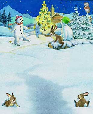 Illustration Schokoladenverpackung Schneeman und Kaninchen