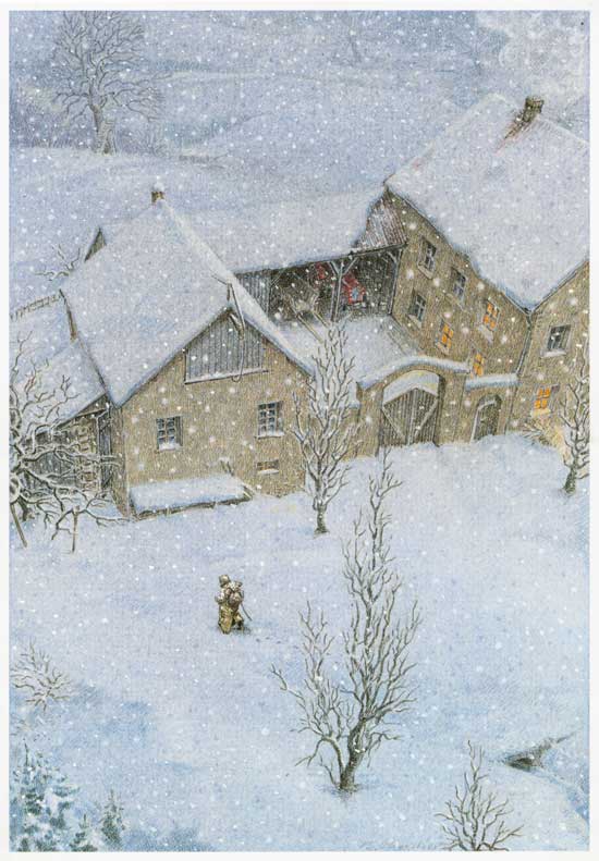 Hof und alter Mann im Schnee, Bilderbuch illustration