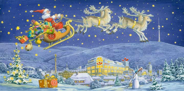 Weihnachtskarte: Weihnachtsmann im Schlitten über der Hallerschen Versicherung